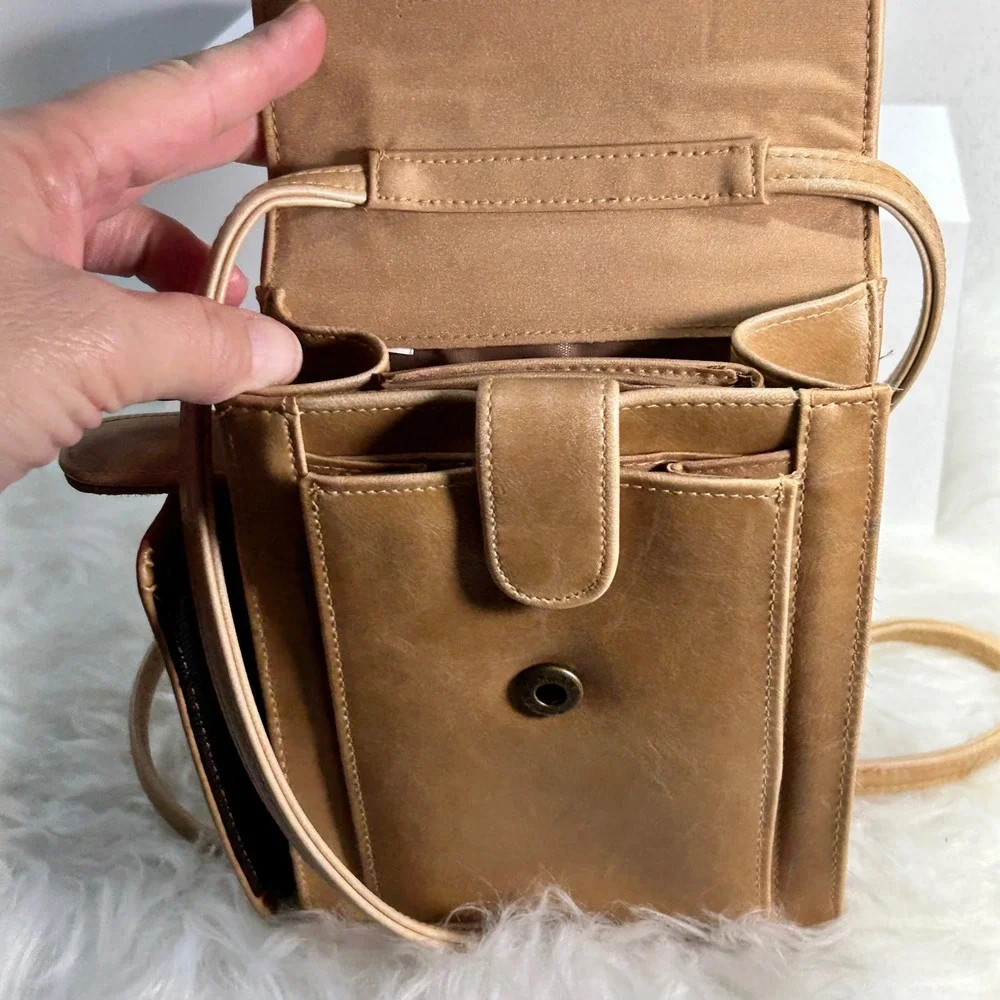 Tan Leather Crossbody Phone Bag‎ Small Shoulder Purse with Mirror